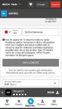 Megapari Türkiye Mobil Kayıt Görüntüsü