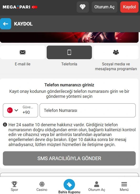 Megapari Türkiye Mobil Kayıt Megapari Türkiye Mobil Kayıt Görüntüsü